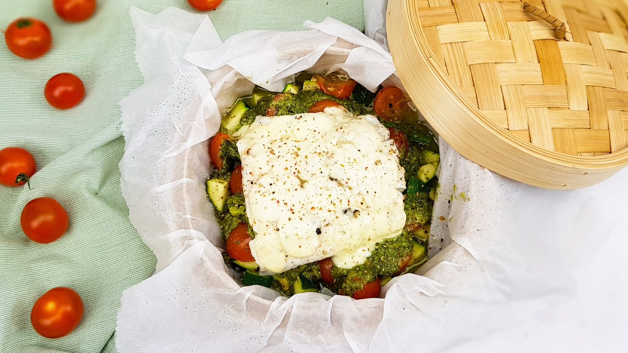 Gestoomde kabeljauw met groenten en pesto