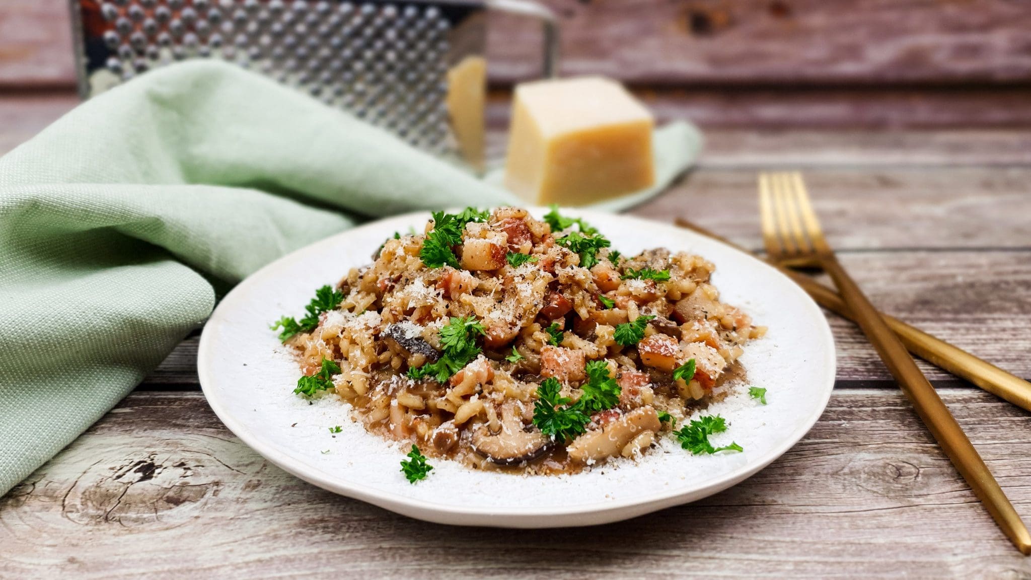 Risotto met spek, paddenstoelen en donker bier