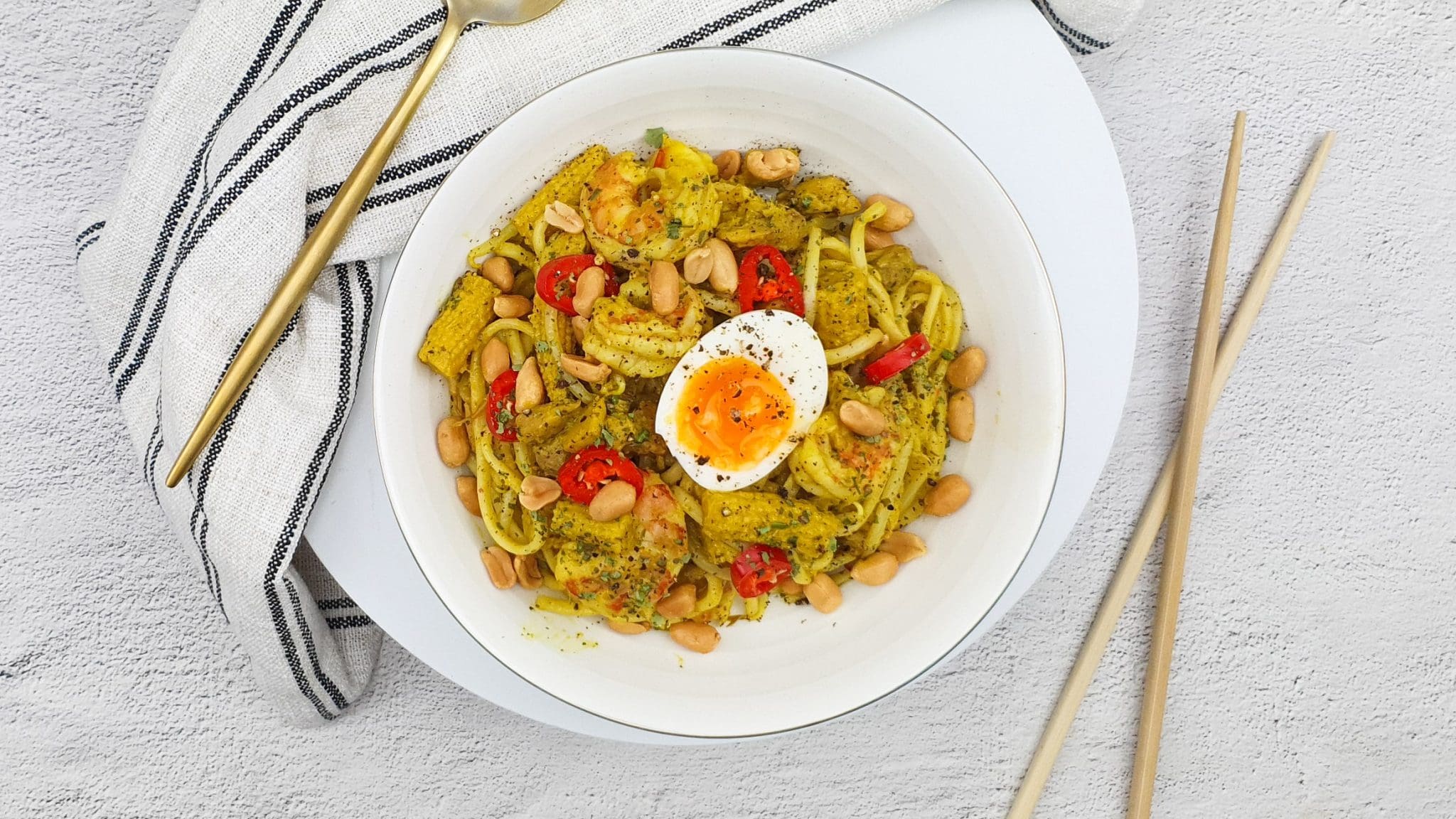Dry laksa noodles met gamba’s